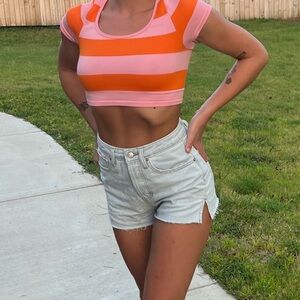 Split Seam High Waisted Jean Shorts High Rise Light Blue Wash Denim mini shorts